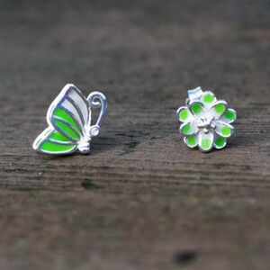 New Tiny Enamel Butterfly Flower Earrings | Sterling Silver 925